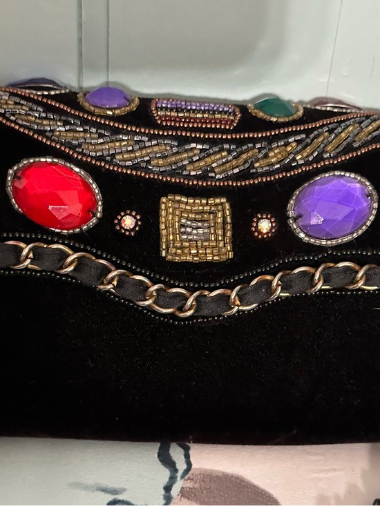 Magid Handbags - MAGID - Hand Made, Black Velvet Evening Clutch with Multicolor Gem Accents